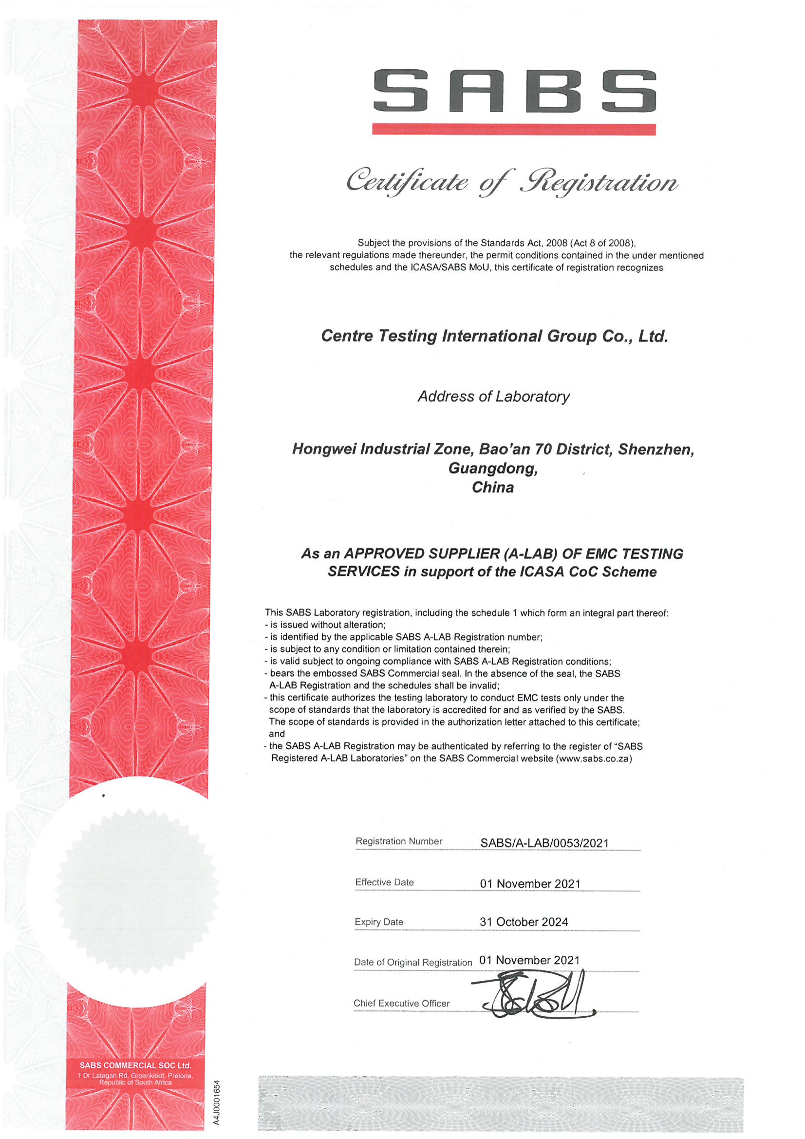 Certificate of Registration - Centre Testing International - SABS-A-LAB-0053-2021